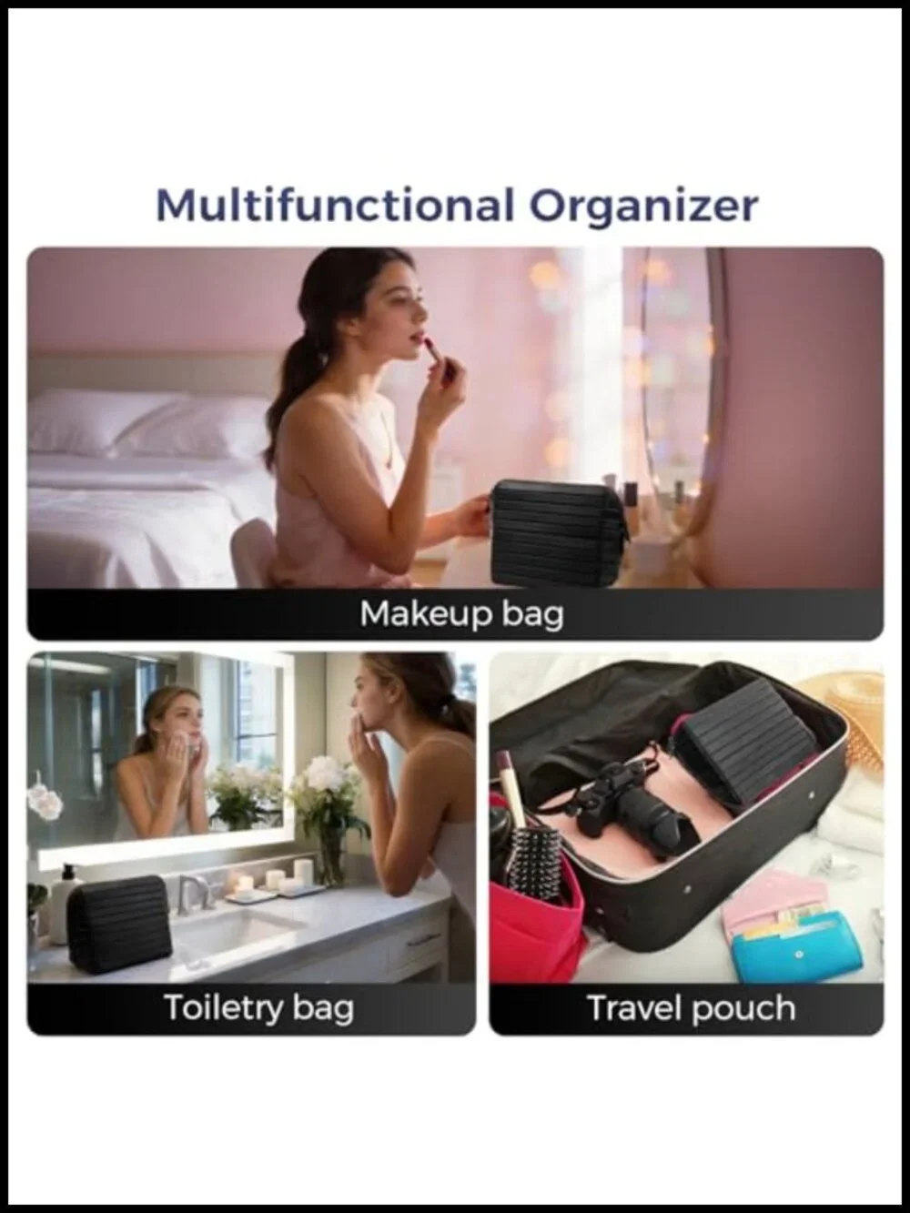 Travel Makeup Organizer Bag with Fold-Down Design & Adjustable Dividers, 27